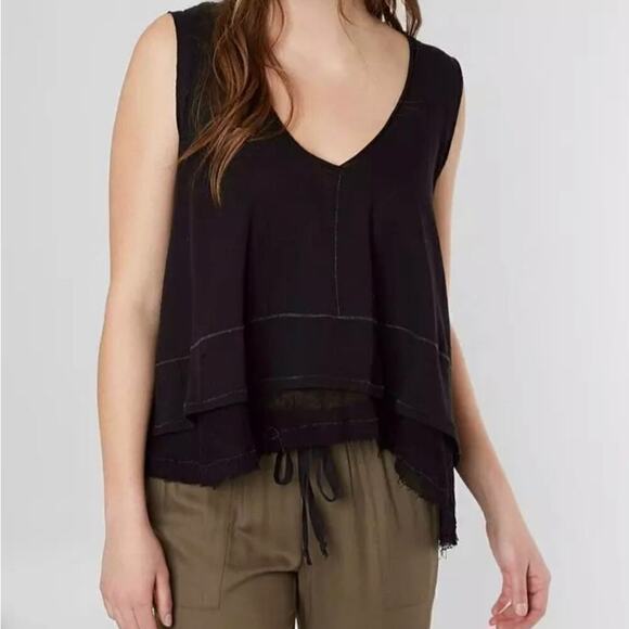 Free People peachy oversized distressed trim black v neck boho tank top - Picture 1 of 7
